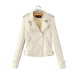 TIREOW Frauen Winter Herbst Casual Langarm Reißverschluss Kunstlederjacke Baseballjacke Moto Bomberjacke Arbeit Büro Anzug Mantel Outwear Revers Niet Lederjacke (White-03, XXL)