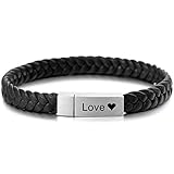 MeMeDIY Silber Ton Schwarz Edelstahl Echtleder Armband Manschette Geflochten G
