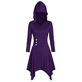 ERNUMK Kleid zum Schnüren für Damen, asymmetrisch, meliert, einfarbig, Knopf, Freizeitkleid, mit Kapuze, Damenkleid, Robe, Spitze, lose Frau (lila, XXL)