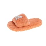 Eaylis Damenschuhe mit Strass-Buchstaben Plüsch Hausschuhe aus Baumwolle zum Öffnen, Mode Memory Foam Pantoffeln rutschfeste Warme Bequem Plüsch Slippers wollähnliche für Drinnen und Drauß