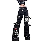 FathiTi Damen Hohe Taille Jeanshosen Breites Bein, Baggy Jeans Grafik Print Denim Hosen Gothic Dunkel Punk Cargohosen Streetwear,Schwarz,S