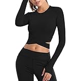 Yokbeer Langarm-Sporthemden für Damen, Cross-Over, Workouts, Active Crops (Color : Black, Size : L)