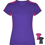 GO HEAVY Damen Funktions Work-Out Running T-Shirt Kurzarm Tennisshirt Zweifarbig Feutigkeitsregulierdend Violett/Rosa L