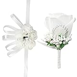 hocadon Boutonniere Hochzeit Weiß, Blume Handgelenk Corsage, Ansteckblume Hochzeit, Bräutigam Boutonnièr Braut Blumen Corsage für Hochzeiten, Bankette, Partydekoration, Jubiläumsdaten(Weiß)