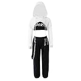 Runhomal 3 Stück Mädchen Sportanzug Set kapuzenpullover + Pants + BH Yoga Jogging Training Hip Hop Coolgirls Streetwear Kinder Jazz Kleidung A Weiß 134-140/9-10 J