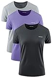 Damen Sport T-Shirt 3er Pack Funktionsshirt Laufshirt Fitness Shirt Trainingsshirt Kurzarm Rundhals Atmungsaktiv Schnelltrocknendes für Running Workout Gym (Black+Violet+Grey, L)