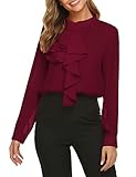 Beyove Damen Elegant Business Chiffonbluse Tunika Langarmshirts mit Rüschen Stehkragen Knöpfen Festlich Tops (S, Weinrot)