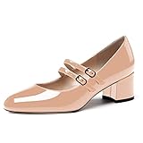 WAYDERNS Mary Jane Damen Pumps mit verstellbarem Riemen, runder Zehenbereich, Lackleder, niedriger Absatz, 5,1 cm, beige, 39 EU