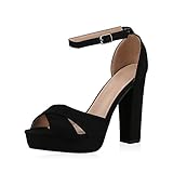 SCARPE VITA Damen Plateau Sandaletten Blockabsatz High Heels Wildleder-Optik Absatzschuhe Riemchensandaletten 182728 Schwarz Black Total 39