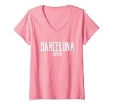 Damen Barcelona Spain Vintage Text Pink with White Print T-Shirt mit V