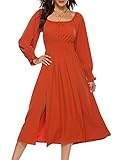 Wellwits Damen Langarm Quadratischer Ausschnitt Schlitz Elegant Midi Vintage Kleid, Orange, XL