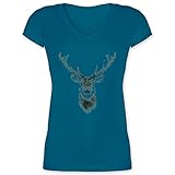 Weihnachten & Silvester Geschenke Party Deko - Hirsch Pixel - XL - Türkis - V-Neck - XO1525 - Damen T-Shirt mit V