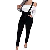 Ansenesna Damen Hosenträger Hose Stretch Skinny Elegant Paperbag Hosen Mit Gürtel Frauen Einfarbig Eng Lang Bundfaltenhose Freizeit Jumpsuit (Schwarz,M)