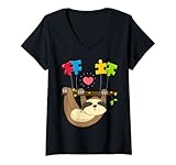 Damen Herz-Luftballons für Autismus, Faultier, Farbpuzzle T-Shirt mit V