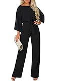 Happy Sailed Damen Langarm O-Ausschnitt Elegant Lang Jumpsuit Overall Hosenanzug Playsuit Romper ,3 Schwarz,S