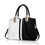 flintronic Damen Handtasche, PU Leder Schultertasche, Viele Fächer Multi Pocket Zip Umhängetasche, Farbblockierung Elegante Tasche Tote Shopper zum Arbeiten, Schule, Einkaufen,Party - Schwarz-W