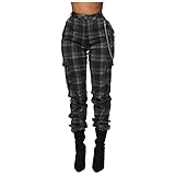 JIAYOUA Cargohose Damen Cargo Hose Plaid Drucken Freizeithosen mit Kette Arbeit Kampf Hosen Frauen Hip Hop Jogger Hosen Baggy Streetwear Punk Hose mit Mehrere Taschen Skinny Jogging