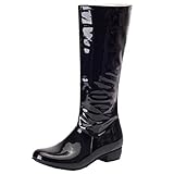 MISSUIT Damen Kniehoch Stiefel Flach Lack Kniehohe Stiefel mit Niedrigem Absatz Reißverschluss Bequem Schuhe(Schwarz,46)