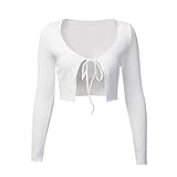YILEEGOO Damen Strickjacke Bolero Shrug Crop Tops Langarm Offene Front Lace Up Slim Bluse Gr. M, weiß