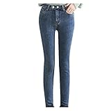 AFFGEQA Damen Thermohose Fleece Jeanshosen mit Hohem Bund Locker Warm Lässige Herbst Winter Dicke Stretch Denim Strumpfhosen Sweathose Streetw