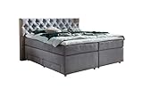 Belanoti Lara Boxspringbett 180x200 mit 4 Schubladen Stauraum Bett 180x200 mit Bettkasten in der Farbe Hellgrau H2 und H3 Chesterfield Kopfteil 7-Zonen Taschenfederkern Matratze inkl. Visco Topp