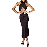 Olisenci Damen Sommer Einfarbig ärmelloses Sexy Kreuz Kleid Mit Hängendem Hals, Dünn Schulterfrei Rückenfrei Gewickelt Partykleid Abnehmen Plissee Midi-Kleid (Schwarz, S, s)