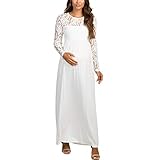 Bowanadacles Damen Maxikleid Schwangerschaftskleid Langarm mit Spitze Stillkleid Fotografie Zeremonie Elegant (Weiß A, L)