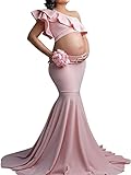 Choomomo Damen Umstandskleid Baumwolle Schwangerschaftskleid Schwangere Elegante Fotografie Stützen Schulterfreies Langes Abendkleid Umstandsmode Rosa B XXL