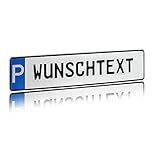 Individuelles Parkplatzschild 520x110mm mit P-Symbol aus Aluminium Wunschkennzeichen mit eigenem Text Wunschname für Parkplatz Schild (01 P - Wunschtext)