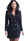 JIER Damen Zweireihig V-Ausschnitt Blazer Kleid Elegant Langarm Solide Hemdkleid Business Lange Hülse Büro Jacken Knopf Anzug Blusenkleid Minikleid (Schwarz,XX-Large)