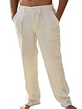 Pxmoda Leinenhosen Herren Freizeithose Lang Leichte Sommerhose Strandhose Leinen Kurze Hosen Herren Lässige Freizeithose mit Seitentaschen 1 - Beige L