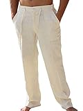 Pxmoda Leinenhosen Herren Freizeithose Lang Leichte Sommerhose Strandhose Leinen Kurze Hosen Herren Lässige Freizeithose mit Seitentaschen 1 - Beige M