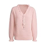 Freizeitpullover Mit V-Ausschnitt FüR Damen Button-Down-Langarm-Einfarbiger SüßEr RüSchen-Strickpullover Elegante Pulli Gerippte Pullover-Oberteile füR Den Herbst (S,Rosa)