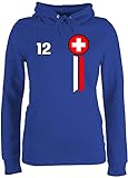 Fussball WM 2022 Fanartikel - 12. Mann Schweiz Emblem - S - Royalblau - Flagge - JH001F - Damen Hoodie und Kapuzenpullover für F