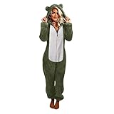 Jumpsuit Damen Kuschelig Pyjama Lange Ärmel Einfarbige Overall Jumpsuit Kapuzen Rompe Mit Ohren Reißverschluss Winter Warme Onesie Plüsch Flauschige Schlafanzug