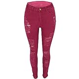 JLKC Damenhose Skinny Fit Stretch übergroße zerrissene Jeans Slim Fit Denim Jeggings,Red,L