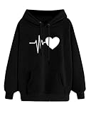 Damen Hoodie Sweatshirt Herbst Winter Pullover Tops Langarm Shirt Hoodie Mode Love Print Pullover mit Tunnelzug Kordel und Taschen Langarm Hoodie,L,Schw