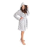 HEYO Morgenmantel Damen Fleece Bademantel mit Kapuze Tasche Kuschelig Warm (Grau - Gepunktet, M)