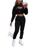 Lässiger Trainingsanzug für Damen, 3-teiliges Sweatshirt, bauchfreies Oberteil, mit Kapuze und langen Ärmeln und Kordelzug, einfarbig, Sportanzug, Schwarz , 42