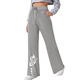 Voberry Damen Freizeithosen Wide Leg Straight Schnürhose Weitem Bein Hose Geradem Bein Hosen mit Kordelzug Loose Casual Jogging