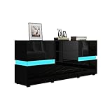 Senvoziii Sideboard Kommode in Hochglanz Schwarz Highboard Anrichte Standschrank mit 2 Türen 4 Schubladen und LED Beleuchtung 177