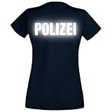 Shirt-Panda Damen Polizei T-Shirt - Druck Brust & Rücken Reflex Dunkelblau (Druck Reflex) L