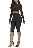 Damen T-Shirt + Kurze Hose 2 Teilig Elegant Classic Unikat Longsleeve Rundhals Einfarbig Tshirt Frühling Sommer Casual Skinny Club Overall Sets Crop Top + Bermuda Shorts (Color : Schwarz, Size : L)