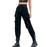 Glücksvogel Damen Cargo Hose Sporthose Streetwear Jogginghose Damen Ausgebeult Hiphop Cargopants Hohe Taille Solide Jogger Hose Sweathose Draussen Harem Cargohosen mit Tasche (Black, L)