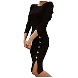 Frauen Casual Knopf Langarm Solid Split Gabel O-Ausschnitt Kleid Winterkleid Damen Langarm Freizeitkleid Sexy V Ausschnitt Partykleid Elegant Abendkleid Casual Cocktail Party Minik