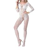 PAIDAXING Damen Netzstrumpfe Ganzkörperanzug Jumpsuit Einteiler Hose Overall Halb-transparent Body Bodysuit Sexy Kostüm mit Open Crotch Unterw