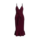 WUOOYOQ Sexy Damen-Kleid, einfarbig, tiefer V-Ausschnitt, Rüschensaum, schmale Taillenbänder, Sommerkleid für Strand, Urlaub, Partys Gr. XX-Large,