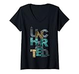 Damen Trendy Uncharted Text Overlay T-Shirt mit V