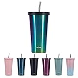Isolierter Thermobecher mit Strohhalm, 500ml Doppelwandiger Thermobecher, Edelstahl-Kaffeetasse für eisige oder heiße Getränke (Prisma)