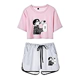shownicer Japanische Anime Attack On Titan Shorts und Top Sets Zweiteiler Damen Anime AOT Scouting Legion 3D Sommer T-Shirt + Kurze Hose 2 Teile Sport Suit Rosa Weiß XXL